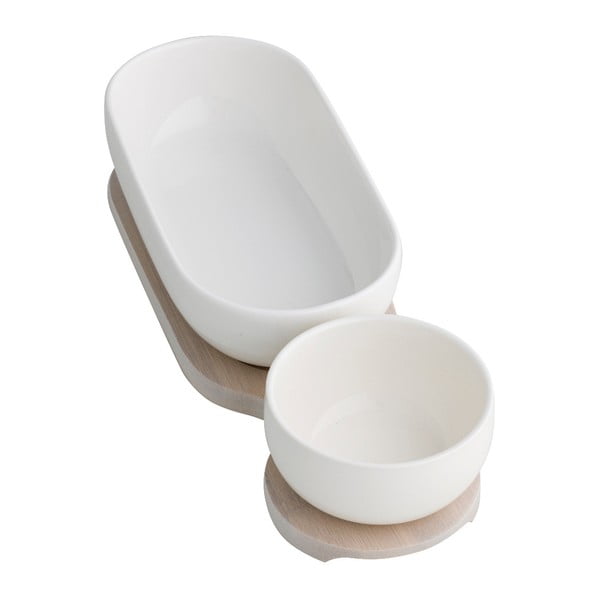 Бяла двойна купа за сервиране, изработена от порцелан, върху бамбукова табла Exclamation - Brandani