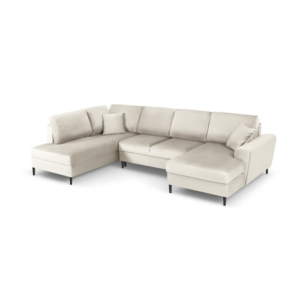 Бежов кадифен разтегателен ъглов диван с място за съхранение (ляв ъгъл/U форма) Kyoto – Cosmopolitan Design-image-1