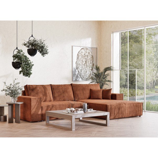 Шенилов сгъваем/с място за съхранение ъглов диван в меден цвят (десен ъгъл) Maze – Maison de Rêve-image-1