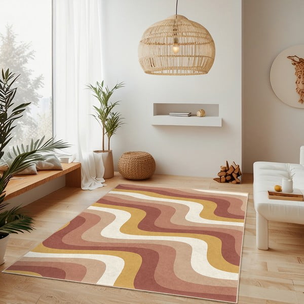 Килим подходящ за пране в цвят жълта охра и сиво-розово 80x150 cm Creamy Strawberry Swirl – Mila Home-image-2