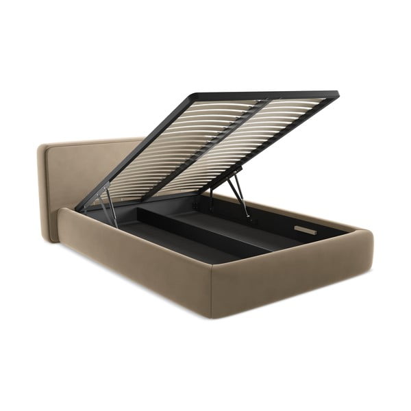 Светлокафяво двойно тапицирано легло с място за съхранение и включена подматрачна рамка 160x200 cm Kiana – Makamii-image-3