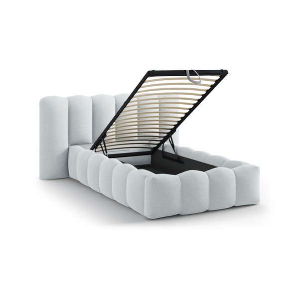 Светлосиво единично легло 90x200 cm тапицирано с място за съхранение с включена подматрачна рамка Lupine – Micadoni -image-1