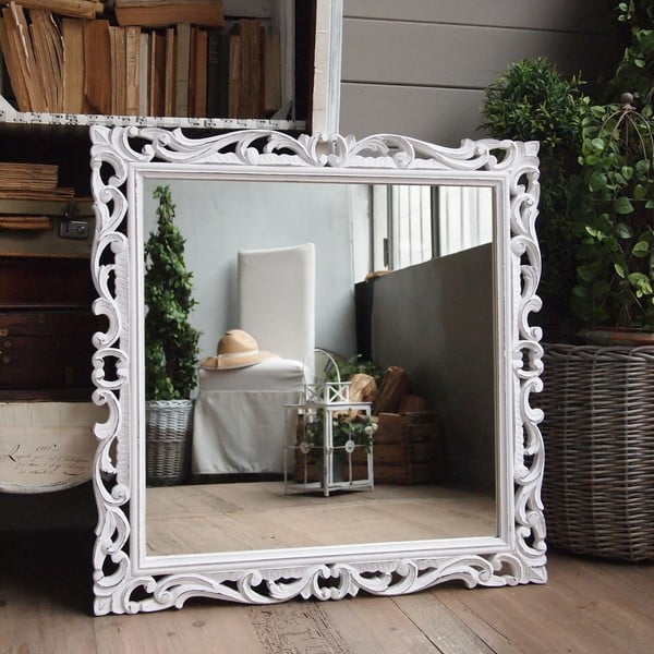 Zrcadlo s rámem z mangového dřeva Orchidea Milano Antique White, 80 x 80 cm