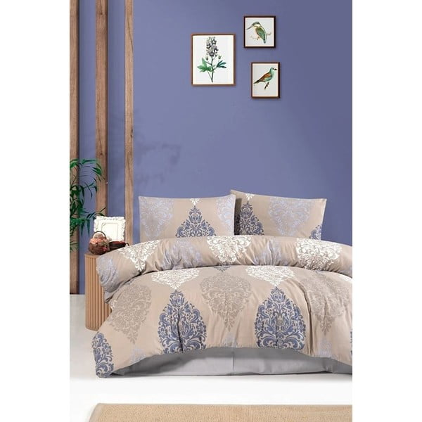Синьо-бежово памучно спално бельо за двойно легло с чаршаф 200x220 cm - Mila Home