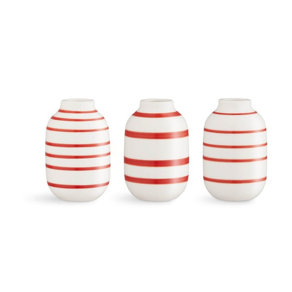 Комплект от 3 миниатюрни порцеланови вази на бели и червени райета Omaggio - Kähler Design