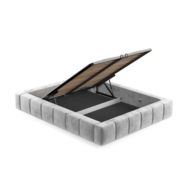 Светлосиво тапицирано двойно легло с място за съхранение с включена подматрачна рамка 200x200 cm Aruba L – Maison de Rêve-image-3