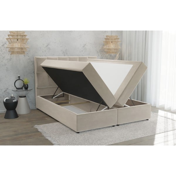 Бежово боксспринг легло 200x200 cm с място за съхранение Flip – Ropez-image-3