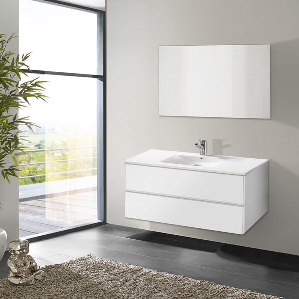 Koupelnová skříňka s umyvadlem a zrcadlem Flopy, odstín bílé, 100 cm