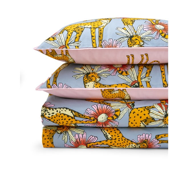 Розово-сиво двойно удължено памучно спално бельо 230x220 cm Untamed Cheetah – Their Nibs