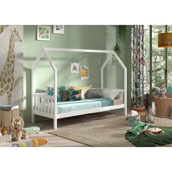 Бяло детско легло от масивен бор с форма на къща с включена подматрачна рамка 90x200 cm Cabane – Vipack-image-1