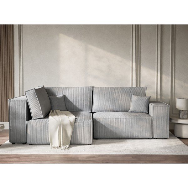 Сив сгъваем/с място за съхранение ъглов диван от рипсено кадифе (ляв ъгъл/L форма) Tonga – Maison de Rêve-image-1