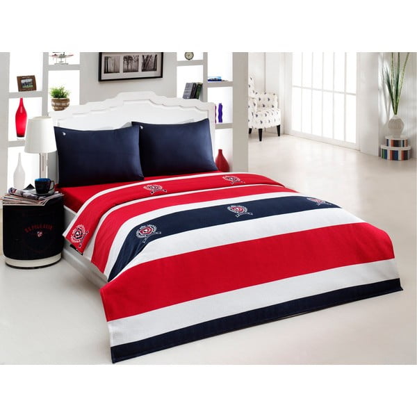 Sada přehozu přes postel a prostěradla US Polo 200x220 cm, Red, Dark Blue and White