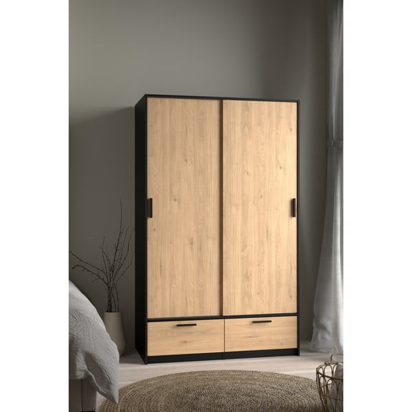 Гардероб в дъбов декор с плъзгащи се врати в черно и натурално 121x200 cm Line - Tvilum-image-3