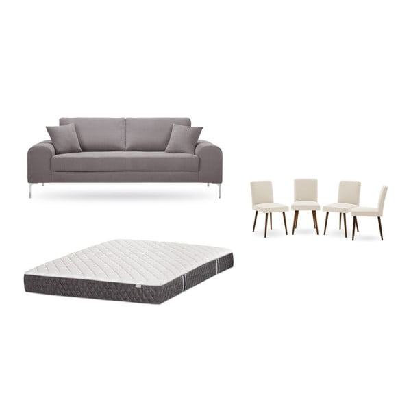 Комплект от триместен кафяв диван, 4 кремави стола и матрак 160 x 200 cm - Home Essentials