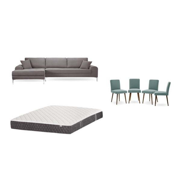 Комплект от кафяв диван с шезлонг вляво, 4 сиво-зелени стола и матрак 160 x 200 cm - Home Essentials