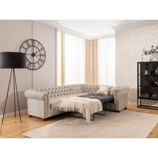 Бежов кадифен сгъваем ъглов диван (десен ъгъл/L форма) York Blik – Ropez-image-4