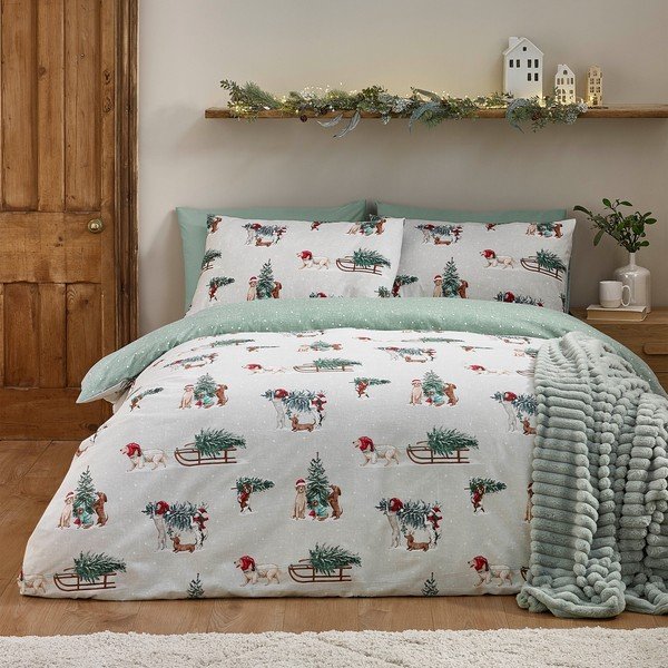Зелено/в естествен цвят двойно  фланелено спално бельо 200x200 cm Brushed Christmas Dogs – Catherine Lansfield-image-2