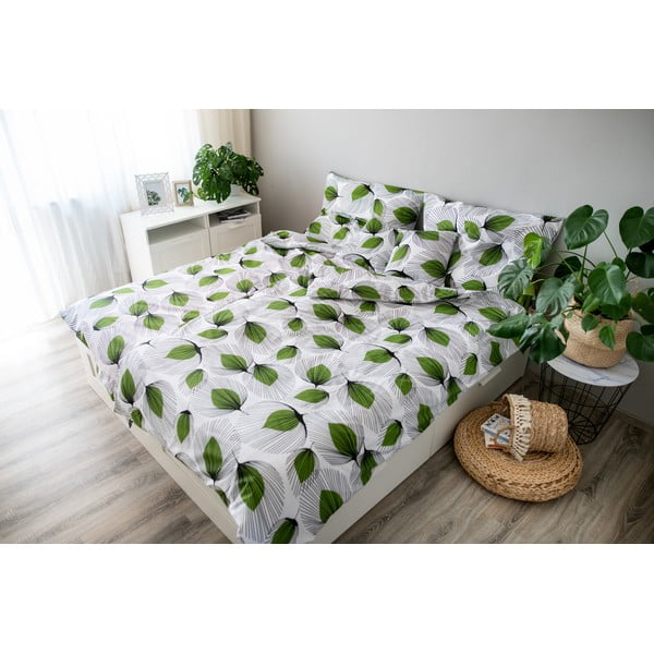 Зелено и бяло памучно спално бельо Green Leaf, 140 x 200 cm Dita - Cotton House
