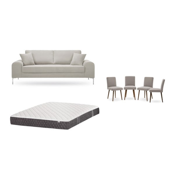 Комплект от триместен кремав диван, 4 сиво-бежови стола и матрак 160 x 200 cm - Home Essentials