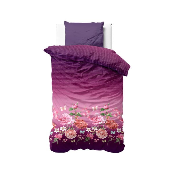 Лилав памучен чаршаф за единично легло Bright Flowers, 140 x 200 cm - Sleeptime
