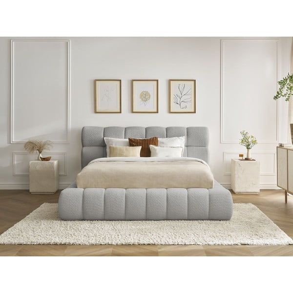 Светлосиво двойно легло 180x200 cm тапицирано с място за съхранение с включена подматрачна рамка Mont Blanc – Bobochic Paris-image-1