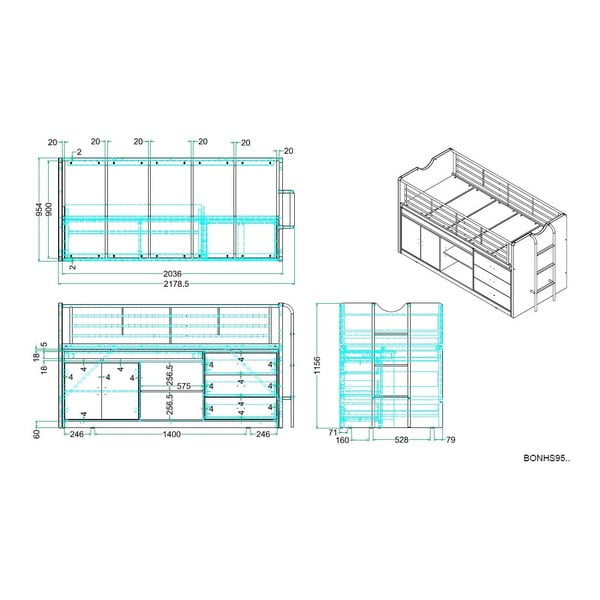 Бяло-сиво повдигнато детско легло с място за съхранение и включена подматрачна рамка 90x200 cm Bonny – Vipack-image-2