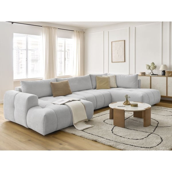 Светлосив сгъваем/с място за съхранение ъглов диван (десен ъгъл/U форма) Fuji – Bobochic Paris-image-1