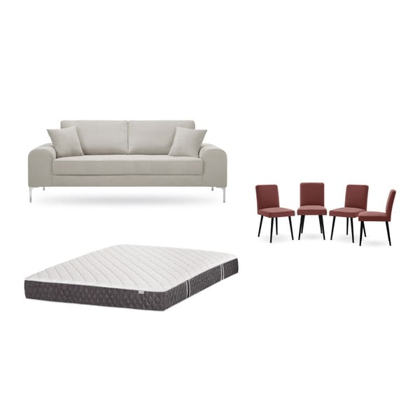 Комплект от триместен кремав диван, 4 тухленочервени стола и матрак 160 x 200 cm - Home Essentials