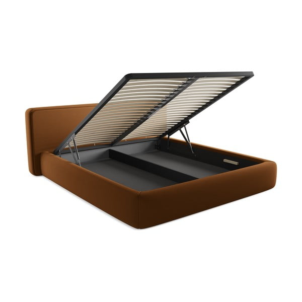 Двойно легло теракотено тапицирано с място за съхранение и включена подматрачна рамка 180x200 cm Kiana – Makamii-image-3