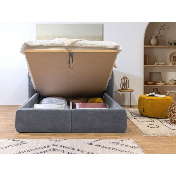 Светлосиво тапицирано двойно легло с решетка и място за съхранение 160x200 cm Louise - Bobochic Paris-image-4