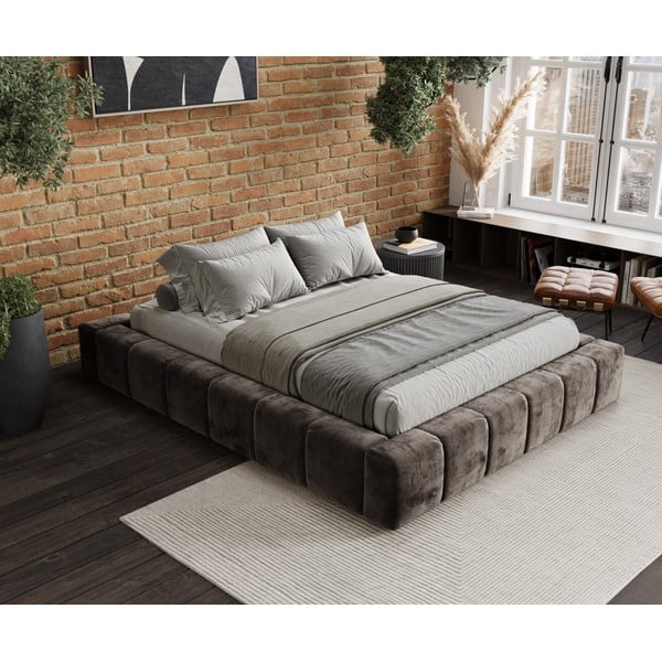 Кафяво тапицирано двойно легло с място за съхранение с включена подматрачна рамка 160x200 cm Aruba L – Maison de Rêve-image-1