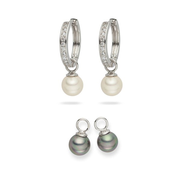 Sada 2 bílých a šedivých perlových náušnic se zirkony Pearls of London Sia