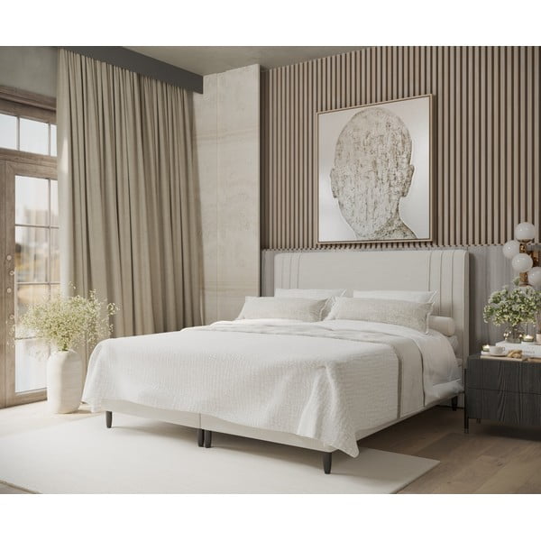 Бежово тапицирано двойно легло с място за съхранение 140x200 cm Musca – Maison de Rêve-image-1