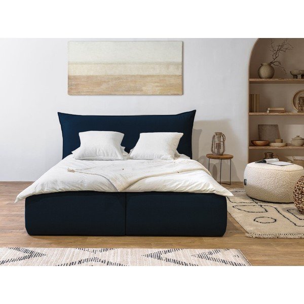 Тъмносиньо двойно легло 180x200 cm тапицирано с място за съхранение с включена подматрачна рамка Jade – Bobochic Paris-image-1