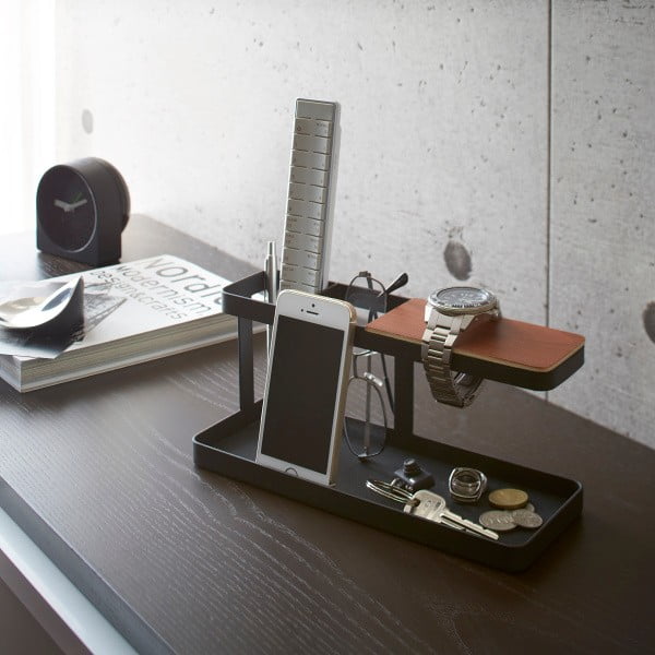 Черна многофункционална стойка с детайли от букова дървесина Desk Bar Tower - YAMAZAKI-image-2