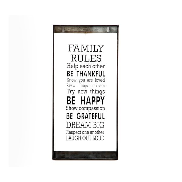 Skleněná tabulka s nápisem Family Rules, 20x40 cm