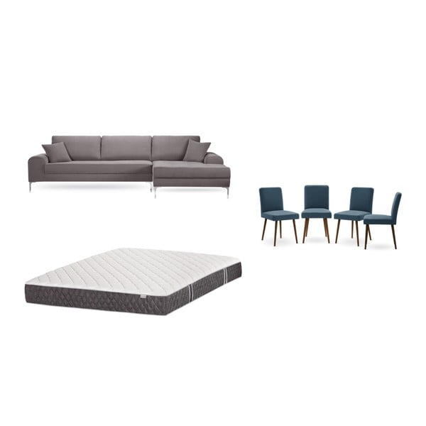 Комплект от кафяв диван с мързелив диван отдясно, 4 сини стола и матрак 160 x 200 cm - Home Essentials