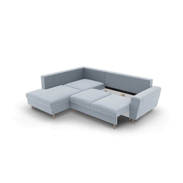 Светлосин кадифен разтегателен ъглов диван с място за съхранение (ляв ъгъл/L форма) Kyoto – Cosmopolitan Design-image-3