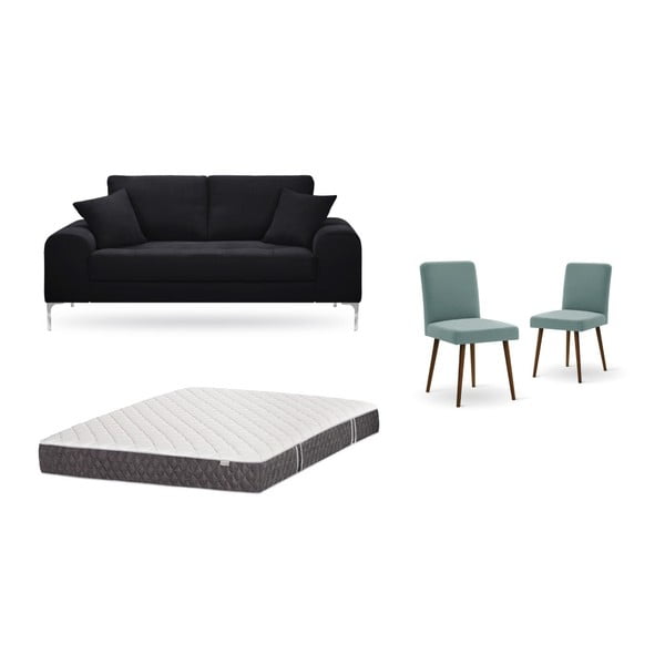 Комплект от двуместен черен диван, 2 сиво-зелени стола и матрак 140 x 200 cm - Home Essentials