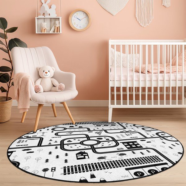 Черно-бял детско килимче за игра подходящо за пране ø100 cm In My Town – Mila Home-image-4