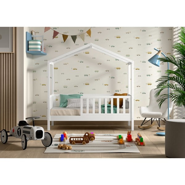 Бяло къща детско легло 70x140 cm от масивен бор с включена подматрачна рамка DALLAS – Vipack-image-1