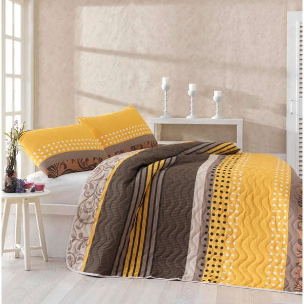 Комплект от покривка за легло и 2 калъфки за възглавници със смес от памук Miranda Жълт, 200 x 220 cm - Unknown