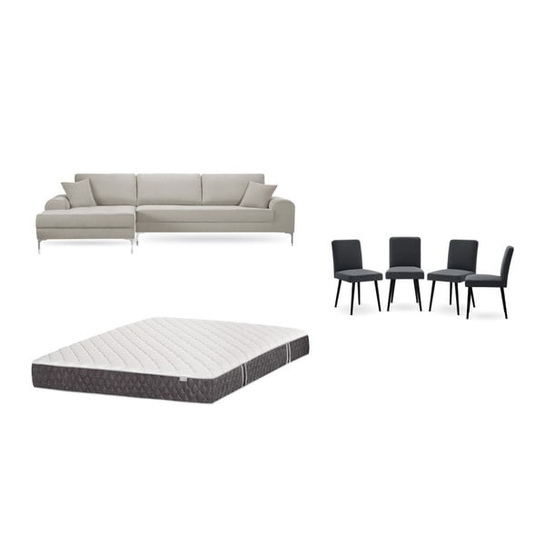 Комплект от кремав диван с шезлонг вляво, 4 антрацитно сиви стола и матрак 160 x 200 cm - Home Essentials