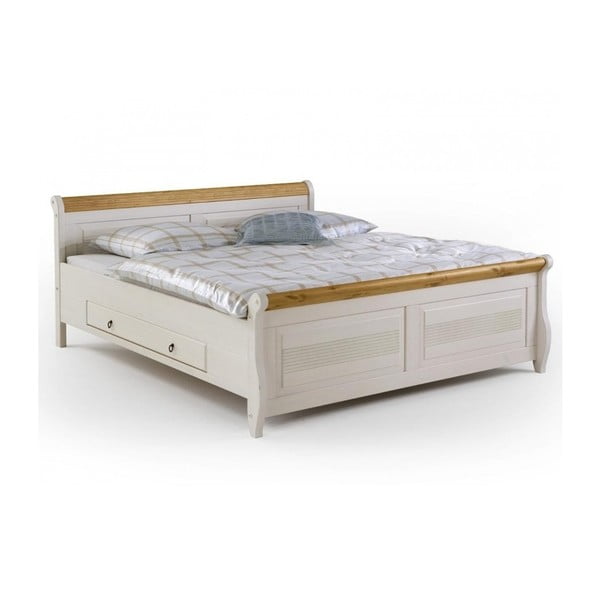 Bílá postel z borovicového dřeva s úložným prostorem SOB Harald, 140 x 200 cm