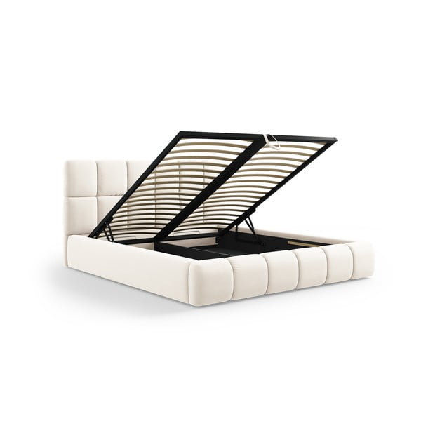 Кремаво тапицирано кадифено двойно легло с място за съхранение с включена подматрачна рамка 180x200 cm Bellis – Micadoni -image-2