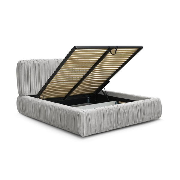 Сиво тапицирано двойно легло с място за съхранение с включена подматрачна рамка 160x200 cm Blair – Bobochic Paris-image-3