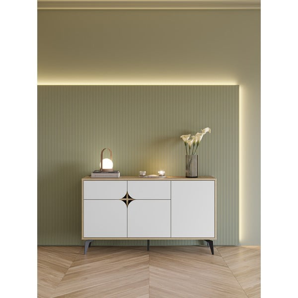 Нисък скрин с дъбов декор в бял и естествен цвят 140x79 cm Nola - Marckeric-image-1