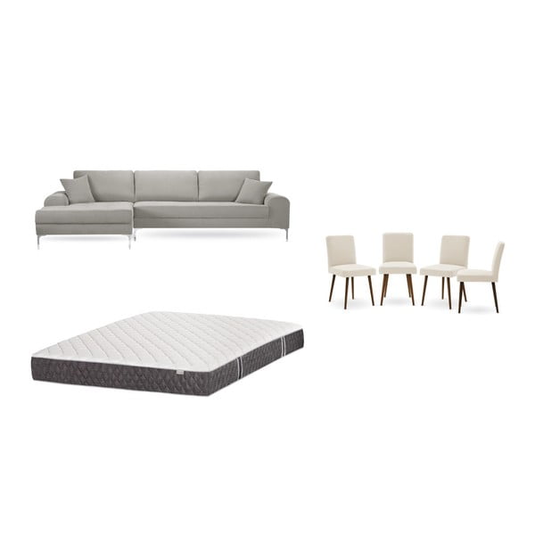 Комплект от светлосив диван с шезлонг вляво, 4 кремави стола и матрак 160 x 200 cm - Home Essentials