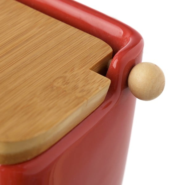 Буркан за сол от червен фаянс с бамбуков капак , 250 ml - Casa Selección-image-2