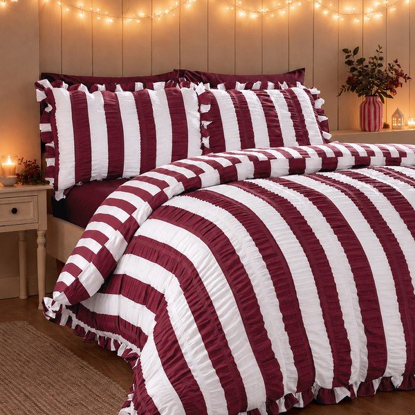 Тъмнолилаво двойно  спално бельо 220x230 cm Seersucker Frill Stripe – Catherine Lansfield-image-1